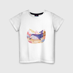 Детская футболка хлопок с принтом Отдыхающий кит в Кировске, 100% хлопок | круглый вырез горловины, полуприлегающий силуэт, длина до линии бедер | арт | звезда | кит | кораллы | море | морская звезда | океан | песок | природа | рисунок | рыба | рыбки | рыбы | синий кит