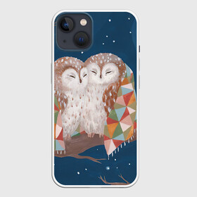 Чехол для iPhone 13 с принтом Ночные обнимашки в Кировске,  |  | арт | ветка | дерево | звёздное небо | луна | ночь | одеяло | плед | полу месяц | природа | птица | птицы | рисунок | снег | снежинки | сова | совы