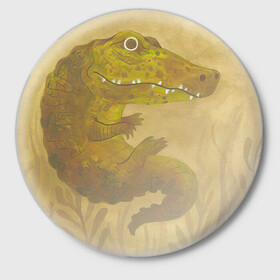 Значок с принтом Крокодильчик в Кировске,  металл | круглая форма, металлическая застежка в виде булавки | Тематика изображения на принте: арт | болото | крокодил | крокодильчик | озеро | природа | рисунок
