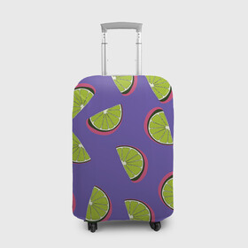 Чехол для чемодана 3D с принтом Лаймы в Кировске, 86% полиэфир, 14% спандекс | двустороннее нанесение принта, прорези для ручек и колес | зелёная | лайм | фиолетовая | фрукты | цитрус