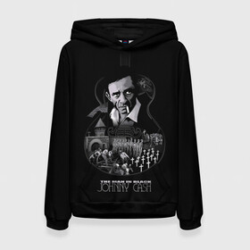 Женская толстовка 3D с принтом JOHNNY CASH в Кировске, 100% полиэстер  | двухслойный капюшон со шнурком для регулировки, мягкие манжеты на рукавах и по низу толстовки, спереди карман-кенгуру с мягким внутренним слоем. | black | blues | cash | dark | guitar | johnny | man | rock | usa | блюз | гитара | джони | джонни | кэш | музыка | разное | рок | сша | человек | черный