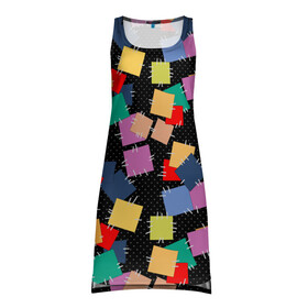 Платье-майка 3D с принтом Заплатки на черном фоне  в Кировске, 100% полиэстер | полуприлегающий силуэт, широкие бретели, круглый вырез горловины, удлиненный подол сзади. | веселый | детский | заплатки | модный | национальный | пэчворк | разноцветный | ретро | фольклор