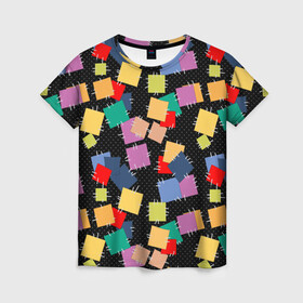 Женская футболка 3D с принтом Заплатки на черном фоне  в Кировске, 100% полиэфир ( синтетическое хлопкоподобное полотно) | прямой крой, круглый вырез горловины, длина до линии бедер | веселый | детский | заплатки | модный | национальный | пэчворк | разноцветный | ретро | фольклор