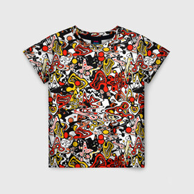 Детская футболка 3D с принтом Абстрактный разноцветный узор в Кировске, 100% гипоаллергенный полиэфир | прямой крой, круглый вырез горловины, длина до линии бедер, чуть спущенное плечо, ткань немного тянется | абстрактный | граффити | желтый | красный | мазня | молодежный | популярный | разноцветный | рисунок | современный | черный