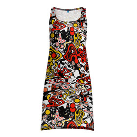 Платье-майка 3D с принтом Абстрактный разноцветный узор в Кировске, 100% полиэстер | полуприлегающий силуэт, широкие бретели, круглый вырез горловины, удлиненный подол сзади. | абстрактный | граффити | желтый | красный | мазня | молодежный | популярный | разноцветный | рисунок | современный | черный