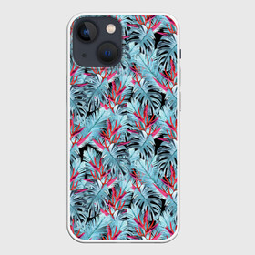 Чехол для iPhone 13 mini с принтом Розово голубой тропический в Кировске,  |  | листья | листья монстеры | монстера | папоротник | пляжный | тропический | цветочный