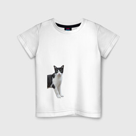 Детская футболка хлопок с принтом смотрящая кошка в Кировске, 100% хлопок | круглый вырез горловины, полуприлегающий силуэт, длина до линии бедер | голова | домашнее животное | животное | зверь | кот | котёнок | кошка