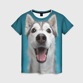 Женская футболка 3D с принтом Хаски в Кировске, 100% полиэфир ( синтетическое хлопкоподобное полотно) | прямой крой, круглый вырез горловины, длина до линии бедер | dog | дог | домашние животные | звери | сибирский хаски | собака | собаки | хаски