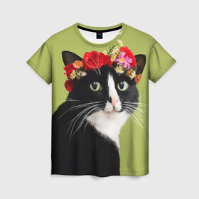 Женская футболка 3D с принтом Кот и цветы в Кировске, 100% полиэфир ( синтетическое хлопкоподобное полотно) | прямой крой, круглый вырез горловины, длина до линии бедер | cat | домашние животные | кот | коты | кошка | кошки | цветы | черный кот