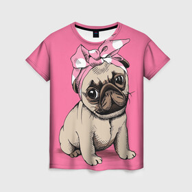Женская футболка 3D с принтом Мопс | собака в Кировске, 100% полиэфир ( синтетическое хлопкоподобное полотно) | прямой крой, круглый вырез горловины, длина до линии бедер | dog | дог | домашние животные | звери | мопс | мопсик | розовое | собака | собаки | собачка | собачки