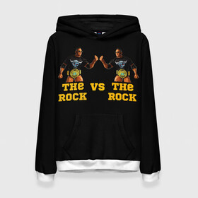 Женская толстовка 3D с принтом The ROCK VS The ROCK в Кировске, 100% полиэстер  | двухслойный капюшон со шнурком для регулировки, мягкие манжеты на рукавах и по низу толстовки, спереди карман-кенгуру с мягким внутренним слоем. | versus | двойники | дуэйн джонсон | жёлтый | пояс | скала против скалы | чёрный