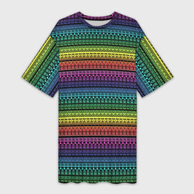 Платье-футболка 3D с принтом Этнический радужный орнамент в Кировске,  |  | ажурный | желтый | красный | неоновый | орнамент | полосатый | популярный | радуга | разноцветный | современный | фиолетовый | этнический