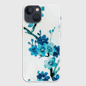 Чехол для iPhone 13 mini с принтом Голубая сакура в Кировске,  |  | акварель | белый | нежный | растительное | рисунок | цветочный | цветы