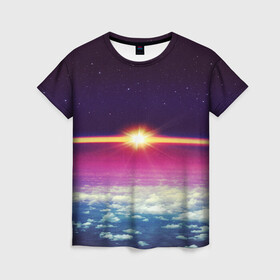 Женская футболка 3D с принтом МЕЖДУ НЕБОМ И ЗЕМЛЁЙ в Кировске, 100% полиэфир ( синтетическое хлопкоподобное полотно) | прямой крой, круглый вырез горловины, длина до линии бедер | земля | космос | лучи. звёзды | облака | рассвет | солнце