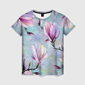 Женская футболка 3D с принтом Живописная магнолия в Кировске, 100% полиэфир ( синтетическое хлопкоподобное полотно) | прямой крой, круглый вырез горловины, длина до линии бедер | бутоны | весна | живописный | живопись | картина | крупные цветы | магнолия | небесный | нежные | холст | художественный | цветочки | цветочный | цветы