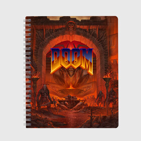 Тетрадь с принтом DOOM | ДУМ (Z) в Кировске, 100% бумага | 48 листов, плотность листов — 60 г/м2, плотность картонной обложки — 250 г/м2. Листы скреплены сбоку удобной пружинной спиралью. Уголки страниц и обложки скругленные. Цвет линий — светло-серый
 | demons | devil | doom | doom eternal | doom slayer | hell | slayer | ад | вега | демоны | дум | икона греха | какодемон | манкубус | солдат рока | элементаль боли