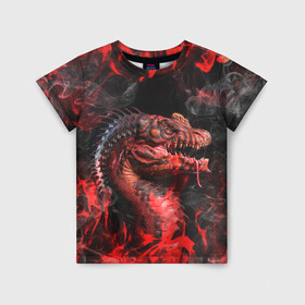 Детская футболка 3D с принтом Опасный Динозавр | Red Dino (Z) в Кировске, 100% гипоаллергенный полиэфир | прямой крой, круглый вырез горловины, длина до линии бедер, чуть спущенное плечо, ткань немного тянется | dino | dinosauria | red dino | t rex | ti rex | дино | динозавр | красный динозавр | парк юрского | т рекс | ти рекс | хищник | чудовище | юрский период | ящер | ящерица