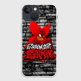 Чехол для iPhone 13 mini с принтом Friday Night Funkin TrickyWall в Кировске,  |  | black | brick | character | clown | demon | fire | fnf | friday night funkin | red | tricky | white | белый | буквы | демон | игра | картинка | кирпич | клоун | красный | логотип | микрофон | огонь | персонаж | рисовка | трещины | трики | фра