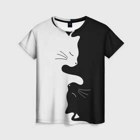 Женская футболка 3D с принтом Коты инь янь в Кировске, 100% полиэфир ( синтетическое хлопкоподобное полотно) | прямой крой, круглый вырез горловины, длина до линии бедер | cat | домашние животные | звери | инь и янь | инь янь | кот | коты | кошка | кошки | черно белое | чернобелое | черное и белое