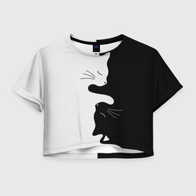 Женская футболка Crop-top 3D с принтом Коты инь янь в Кировске, 100% полиэстер | круглая горловина, длина футболки до линии талии, рукава с отворотами | cat | домашние животные | звери | инь и янь | инь янь | кот | коты | кошка | кошки | черно белое | чернобелое | черное и белое