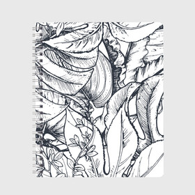 Тетрадь с принтом Тропические листья в Кировске, 100% бумага | 48 листов, плотность листов — 60 г/м2, плотность картонной обложки — 250 г/м2. Листы скреплены сбоку удобной пружинной спиралью. Уголки страниц и обложки скругленные. Цвет линий — светло-серый
 | plants | растения | тропические листья | цветы | чёрно белые листья