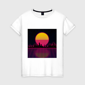 Женская футболка хлопок с принтом Neon City в Кировске, 100% хлопок | прямой крой, круглый вырез горловины, длина до линии бедер, слегка спущенное плечо | city | neon | retrowave | sunset | город | закат | неон | ретровейв