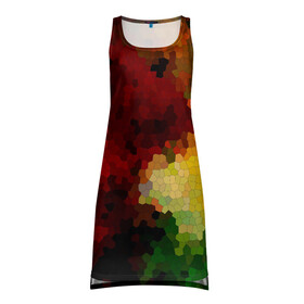 Платье-майка 3D с принтом Абстрактная мазаика витраж     в Кировске, 100% полиэстер | полуприлегающий силуэт, широкие бретели, круглый вырез горловины, удлиненный подол сзади. | абстрактный | витраж | желтый | красный | мозаика | разноцветный | современный | соты | текстура