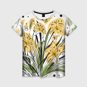 Женская футболка 3D с принтом лилейник в Кировске, 100% полиэфир ( синтетическое хлопкоподобное полотно) | прямой крой, круглый вырез горловины, длина до линии бедер | букет | для девушки | желтый и зеленый | лето | лилейник | лилии | цветочный | цветы