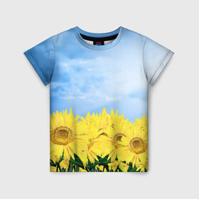 Детская футболка 3D с принтом Подсолнухи в Кировске, 100% гипоаллергенный полиэфир | прямой крой, круглый вырез горловины, длина до линии бедер, чуть спущенное плечо, ткань немного тянется | flowers | sky | summer | sunflowers | лето | небо | подсолнухи | цветы
