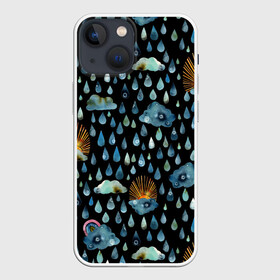 Чехол для iPhone 13 mini с принтом Дождливая осень.Солнце, облака в Кировске,  |  | autumn | pattern | raibow | rain | raindrops | sun | watercolor | акварель | дизайн | дождливый | дождь | закат | капли | коллаж | ливень | морось | непогода | облака | осень | паттерн | погода | природа | радуга | рассвет | солнце