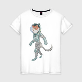 Женская футболка хлопок с принтом Рыжий космонавт в Кировске, 100% хлопок | прямой крой, круглый вырез горловины, длина до линии бедер, слегка спущенное плечо | арт | астронавт | космонавт | космос | кот | котейка | кошка | рисунок | рыжая кошка | рыжий кот | скафандр