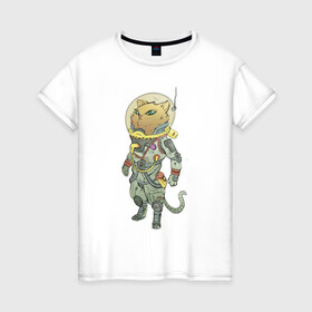 Женская футболка хлопок с принтом Рыжий космонавт в Кировске, 100% хлопок | прямой крой, круглый вырез горловины, длина до линии бедер, слегка спущенное плечо | арт | астронавт | военный | военный космонавт | космонавт | космос | кот | котейка | кошка | рисунок | рыжая кошка | рыжий кот | рыжик | скафандр