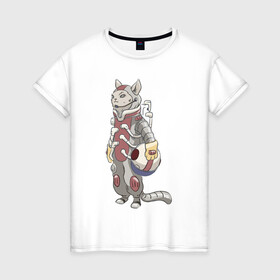 Женская футболка хлопок с принтом К полёту - готов в Кировске, 100% хлопок | прямой крой, круглый вырез горловины, длина до линии бедер, слегка спущенное плечо | арт | астронавт | белая кошка | белый кот | космонавт | космос | кот | котейка | кошка | рисунок | скафандр