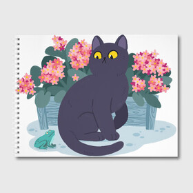 Альбом для рисования с принтом Кот, лягушка и клумба в Кировске, 100% бумага
 | матовая бумага, плотность 200 мг. | Тематика изображения на принте: арт | клумба | космос | кот | котейка | кошка | лягушка | рисунок | розовые цветы | розовый цветок | цветы | чёрная кошка | чёрный кот