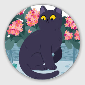 Коврик для мышки круглый с принтом Кот, лягушка и клумба в Кировске, резина и полиэстер | круглая форма, изображение наносится на всю лицевую часть | арт | клумба | космос | кот | котейка | кошка | лягушка | рисунок | розовые цветы | розовый цветок | цветы | чёрная кошка | чёрный кот