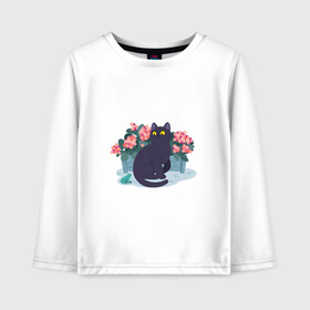 Детский лонгслив хлопок с принтом Кот, лягушка и клумба в Кировске, 100% хлопок | круглый вырез горловины, полуприлегающий силуэт, длина до линии бедер | арт | клумба | космос | кот | котейка | кошка | лягушка | рисунок | розовые цветы | розовый цветок | цветы | чёрная кошка | чёрный кот