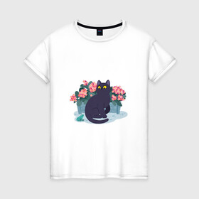 Женская футболка хлопок с принтом Кот, лягушка и клумба в Кировске, 100% хлопок | прямой крой, круглый вырез горловины, длина до линии бедер, слегка спущенное плечо | арт | клумба | космос | кот | котейка | кошка | лягушка | рисунок | розовые цветы | розовый цветок | цветы | чёрная кошка | чёрный кот