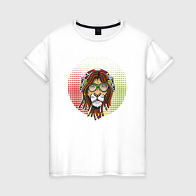 Женская футболка хлопок с принтом Reggae Lion в Кировске, 100% хлопок | прямой крой, круглый вырез горловины, длина до линии бедер, слегка спущенное плечо | animal | cat | lion | reggae | африка | животные | зверь | кот | кошка | лев | львенок | львица | музыка | регги | тигр | хищник | царь | ямайка. jamaica