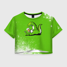 Женская футболка Crop-top 3D с принтом Пивозавр - Краска в Кировске, 100% полиэстер | круглая горловина, длина футболки до линии талии, рукава с отворотами | dinosaur | pivo | pivozavr | взрыв | динозавр | краска | прикол