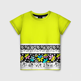 Детская футболка 3D с принтом Яркий цветочный узор  в Кировске, 100% гипоаллергенный полиэфир | прямой крой, круглый вырез горловины, длина до линии бедер, чуть спущенное плечо, ткань немного тянется | абстрактный | для детей | зеленый | неоновый зеленый | разноцветный | современный | цветочный узор