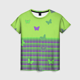 Женская футболка 3D с принтом Бабочки в Кировске, 100% полиэфир ( синтетическое хлопкоподобное полотно) | прямой крой, круглый вырез горловины, длина до линии бедер | бабочки | кислотный рисунок | лето | насекомые | неон | солнце | тепло