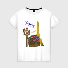 Женская футболка хлопок с принтом Кусочек Парижа в Кировске, 100% хлопок | прямой крой, круглый вырез горловины, длина до линии бедер, слегка спущенное плечо | . | велик | велосипед | виласипед | города | любовь | мерцание | надписи | париж | путешествие | романтика | текст | фонарь | франция | цветы | эйфелева башня