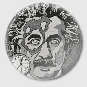 Значок с принтом Альберт Эйнштейн в Кировске,  металл | круглая форма, металлическая застежка в виде булавки | Тематика изображения на принте: арт | время | рисунок | учёный | часы | чёрно белый | черно белый рисунок | эйнштейн