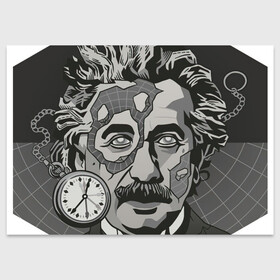 Поздравительная открытка с принтом Альберт Эйнштейн в Кировске, 100% бумага | плотность бумаги 280 г/м2, матовая, на обратной стороне линовка и место для марки
 | арт | время | рисунок | учёный | часы | чёрно белый | черно белый рисунок | эйнштейн