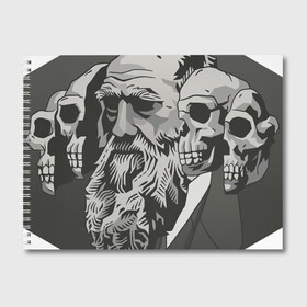 Альбом для рисования с принтом Чарльз Дарвин в Кировске, 100% бумага
 | матовая бумага, плотность 200 мг. | Тематика изображения на принте: арт | дарвин | рисунок | учёный | чарльз дарвин | череп | черепа | чёрно белый | черно белый рисунок | эволюция