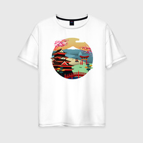 Женская футболка хлопок Oversize с принтом японский закат в Кировске, 100% хлопок | свободный крой, круглый ворот, спущенный рукав, длина до линии бедер
 | вектор | горы | закат | пейзаж | сакура