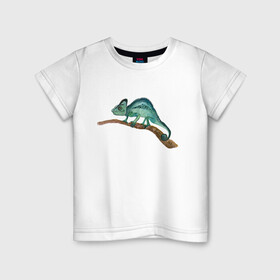 Детская футболка хлопок с принтом Зеленый хамелеон на ветке в Кировске, 100% хлопок | круглый вырез горловины, полуприлегающий силуэт, длина до линии бедер | chameleon | green | lizard | reptile | torqoise | акварель | акварельный | бирюзовый | ветка | зеленый | иллюстрация | на ветке | скетч | хамелеон | ящерица