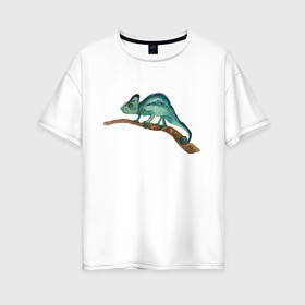 Женская футболка хлопок Oversize с принтом Зеленый хамелеон на ветке в Кировске, 100% хлопок | свободный крой, круглый ворот, спущенный рукав, длина до линии бедер
 | chameleon | green | lizard | reptile | torqoise | акварель | акварельный | бирюзовый | ветка | зеленый | иллюстрация | на ветке | скетч | хамелеон | ящерица