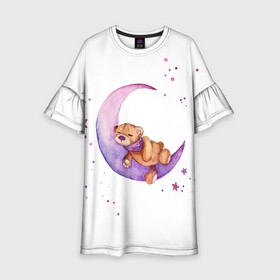 Детское платье 3D с принтом Плюшевый мишка спит на луне в Кировске, 100% полиэстер | прямой силуэт, чуть расширенный к низу. Круглая горловина, на рукавах — воланы | Тематика изображения на принте: bedtime | dream | moon | night | sleep | stars | teddy bear | акварель | акварельный | детский | дизайн | звездный | звезды | игрушка | луна | малыш | малышковый | медведь | милый | мишка | ночь | плюшевый | розовый | сиреневый