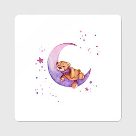 Магнит виниловый Квадрат с принтом Плюшевый мишка спит на луне в Кировске, полимерный материал с магнитным слоем | размер 9*9 см, закругленные углы | Тематика изображения на принте: bedtime | dream | moon | night | sleep | stars | teddy bear | акварель | акварельный | детский | дизайн | звездный | звезды | игрушка | луна | малыш | малышковый | медведь | милый | мишка | ночь | плюшевый | розовый | сиреневый